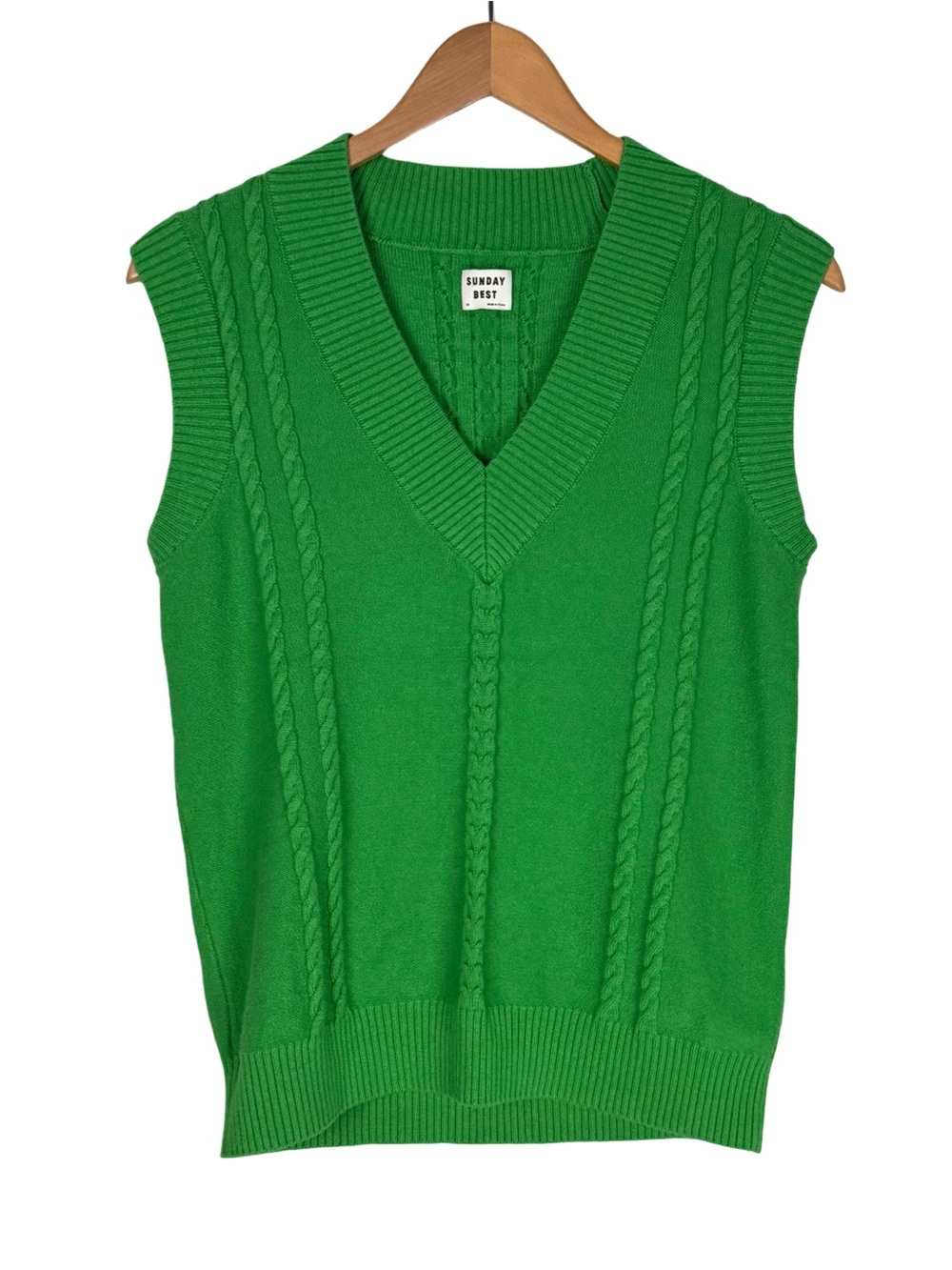 Aritzia Sunday Best Winston Green Cable-Knit V-Neck Sweater Vest Wool Blend XS